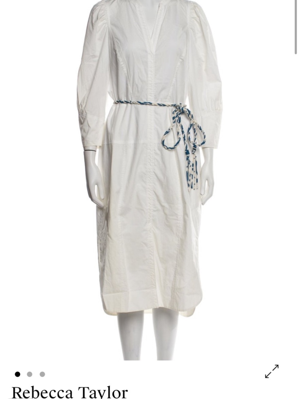 Rebecca Taylor White Midi Shirtdress with Blue-Striped Rope Belt